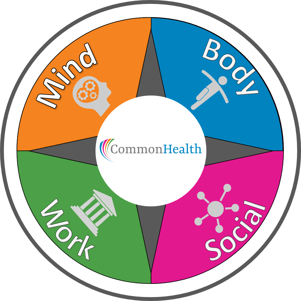 CommonHealth circle in 4 sections named body, mind, wook and social